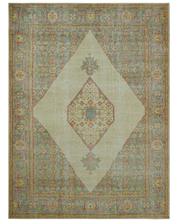 Custom Made Turkish Design Beige and Blue Hand Knotted Wool Rug - The Rug Decor
