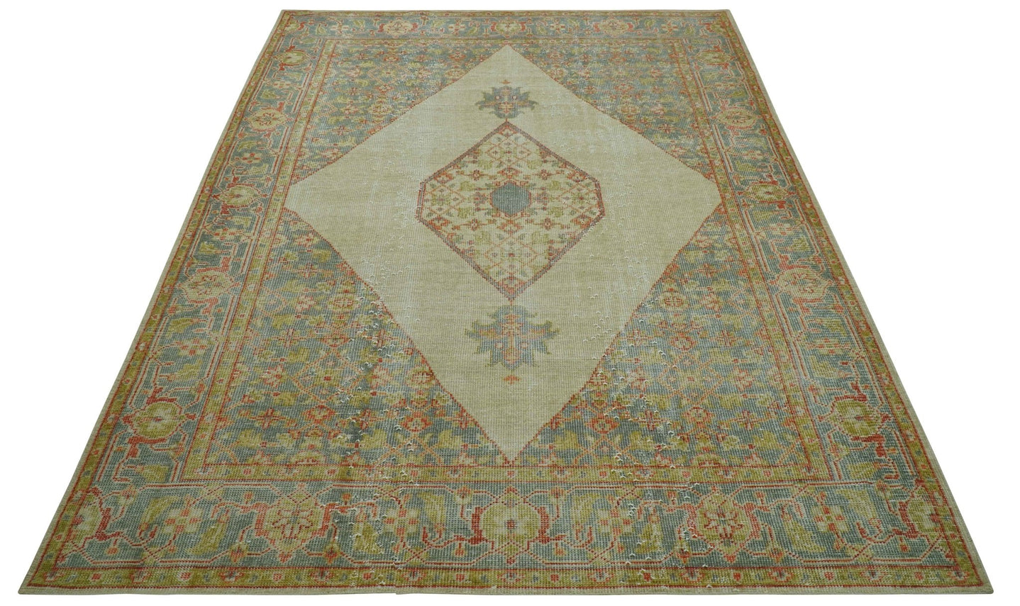 Custom Made Turkish Design Beige and Blue Hand Knotted Wool Rug - The Rug Decor