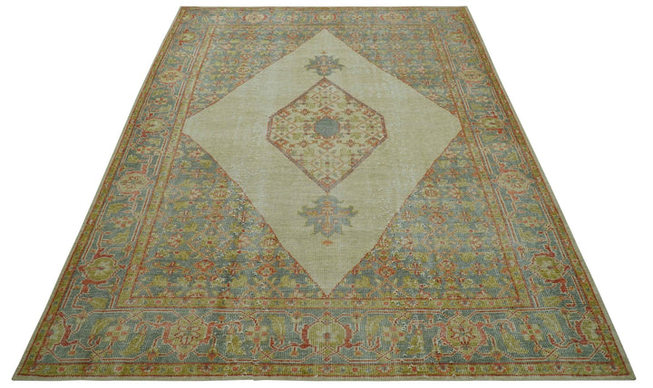 Custom Made Turkish Design Beige and Blue Hand Knotted Wool Rug - The Rug Decor