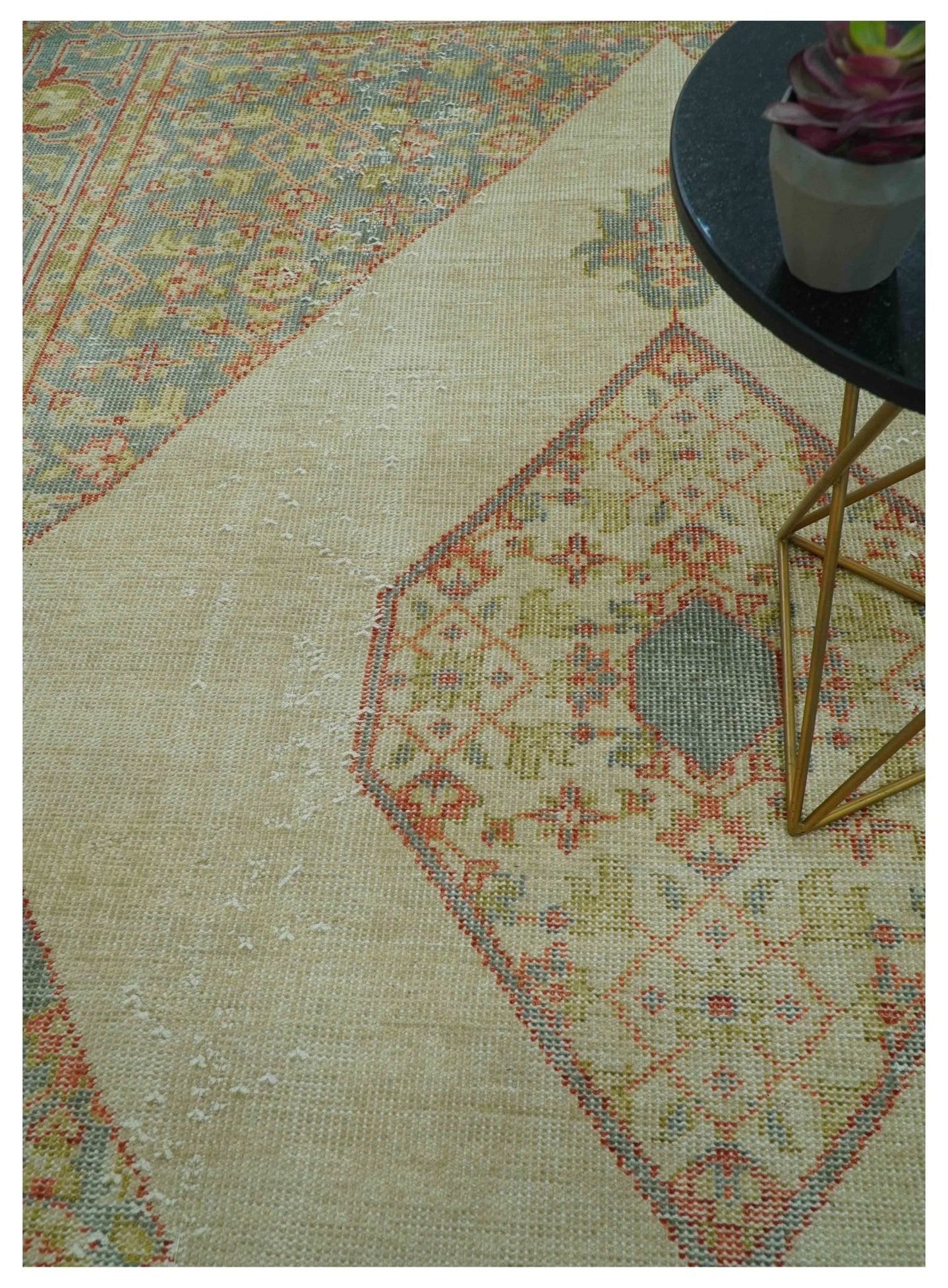 Custom Made Turkish Design Beige and Blue Hand Knotted Wool Rug - The Rug Decor