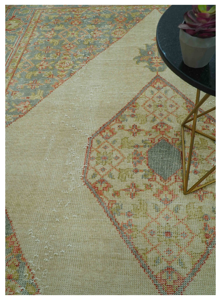 Custom Made Turkish Design Beige and Blue Hand Knotted Wool Rug - The Rug Decor