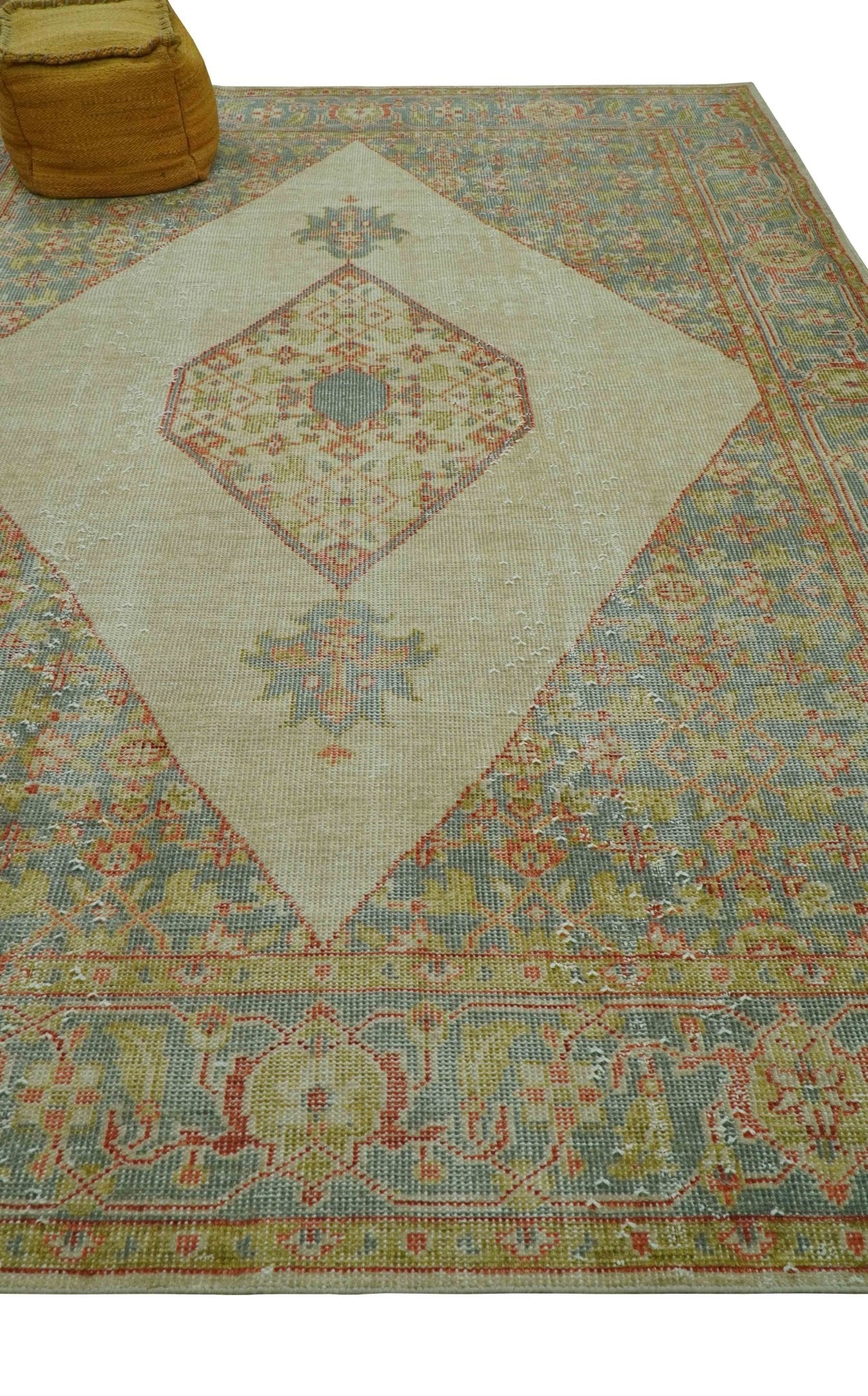 Custom Made Turkish Design Beige and Blue Hand Knotted Wool Rug - The Rug Decor