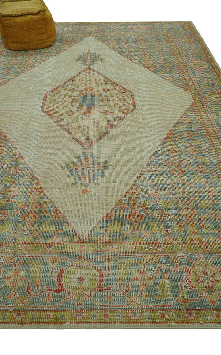 Custom Made Turkish Design Beige and Blue Hand Knotted Wool Rug - The Rug Decor