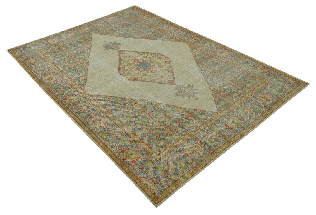 Custom Made Turkish Design Beige and Blue Hand Knotted Wool Rug - The Rug Decor