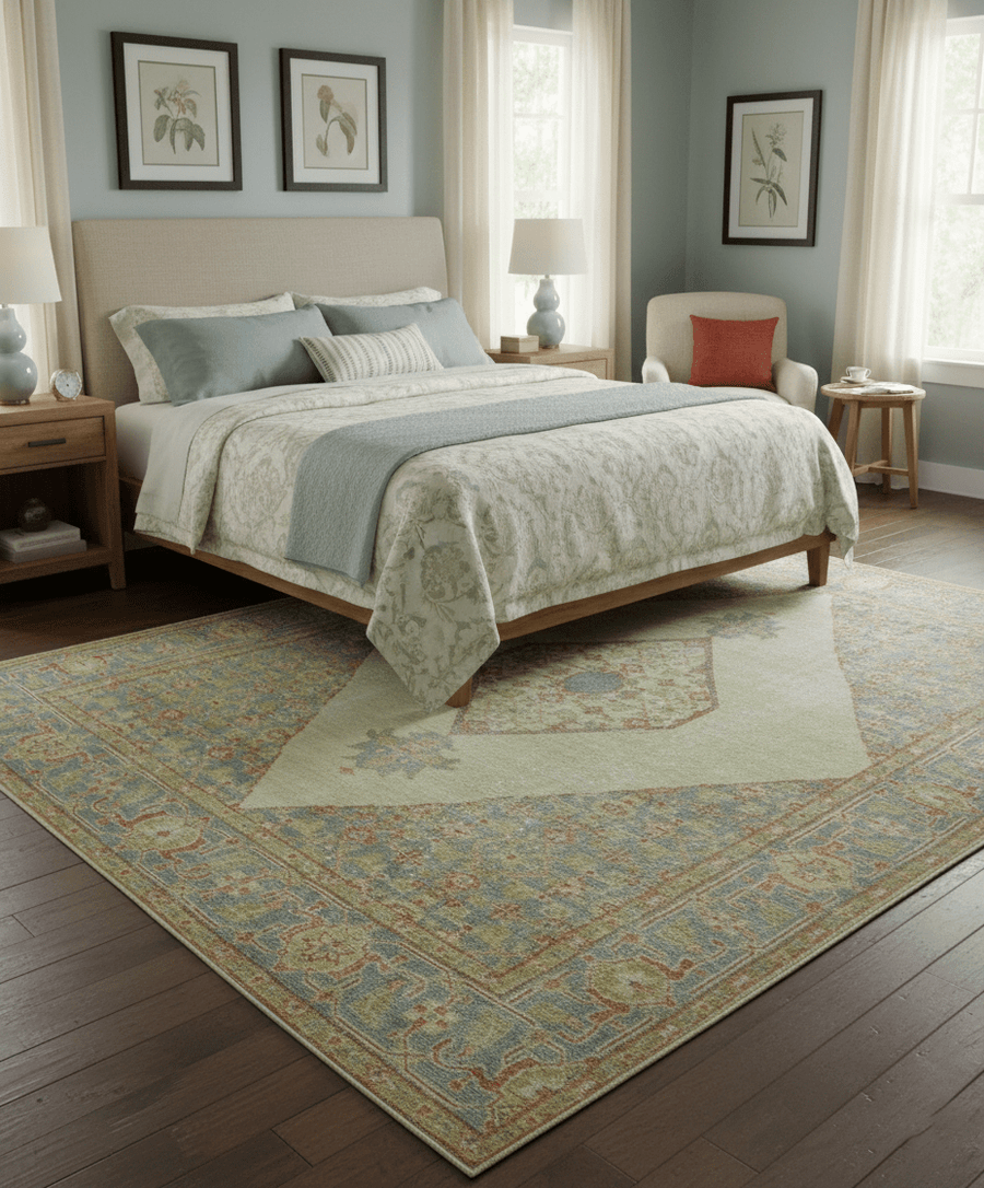 Custom Made Turkish Design Beige and Blue Hand Knotted Wool Rug - The Rug Decor