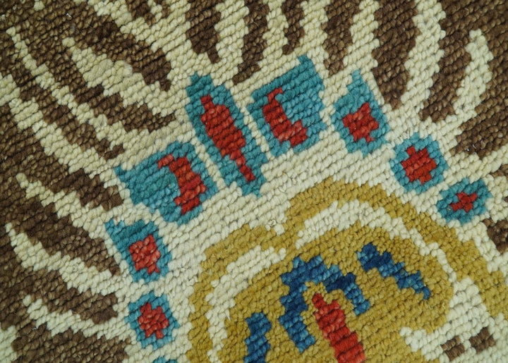 Custom Made Vintage Floral Ikat Design Beige And Blue Hand Knotted Wool Rug - The Rug Decor