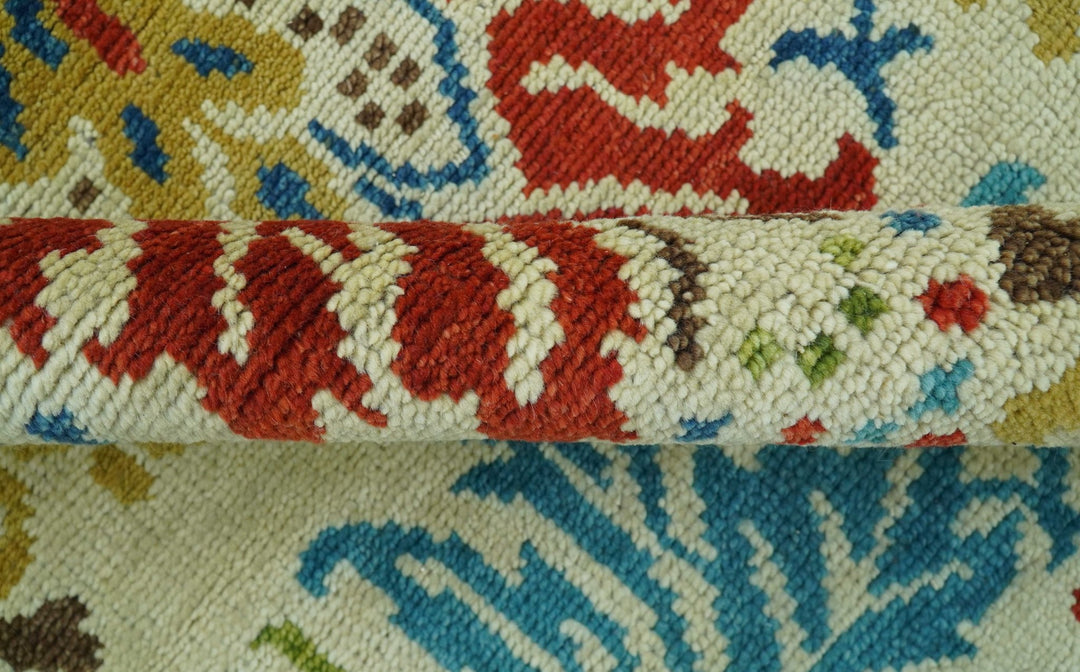 Custom Made Vintage Floral Ikat Design Beige And Blue Hand Knotted Wool Rug - The Rug Decor