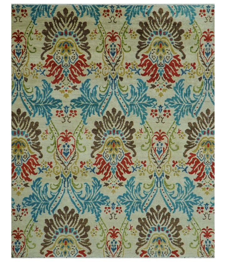 Custom Made Vintage Floral Ikat Design Beige And Blue Hand Knotted Wool Rug - The Rug Decor