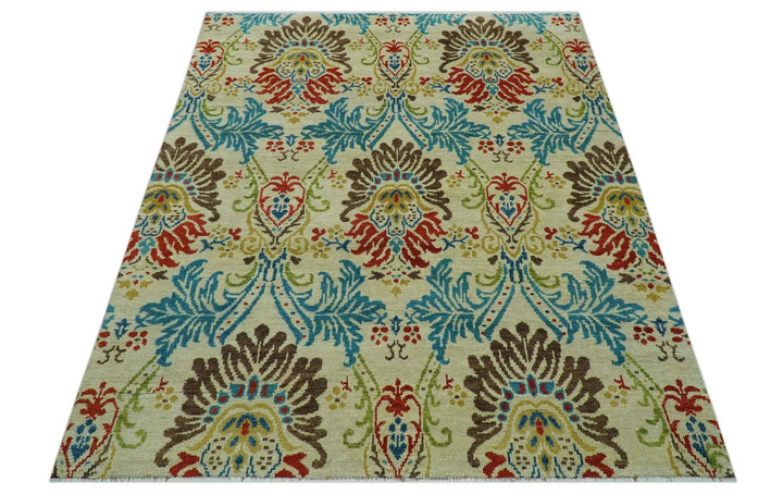 Custom Made Vintage Floral Ikat Design Beige And Blue Hand Knotted Wool Rug - The Rug Decor