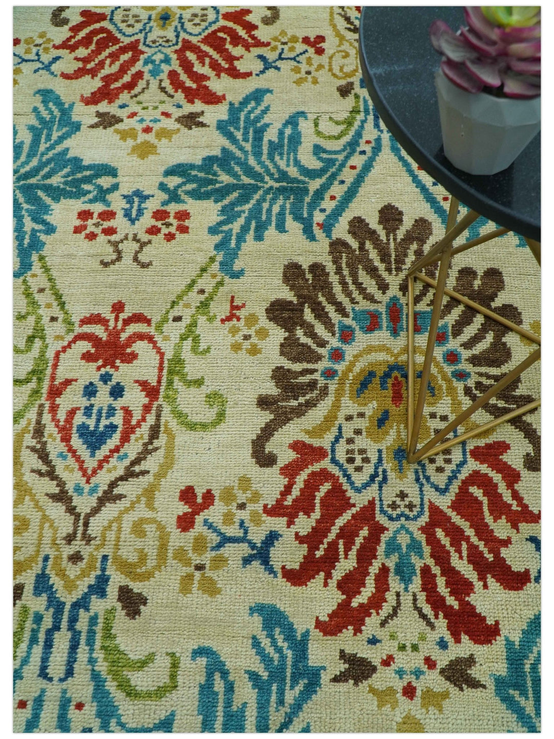 Custom Made Vintage Floral Ikat Design Beige And Blue Hand Knotted Wool Rug - The Rug Decor