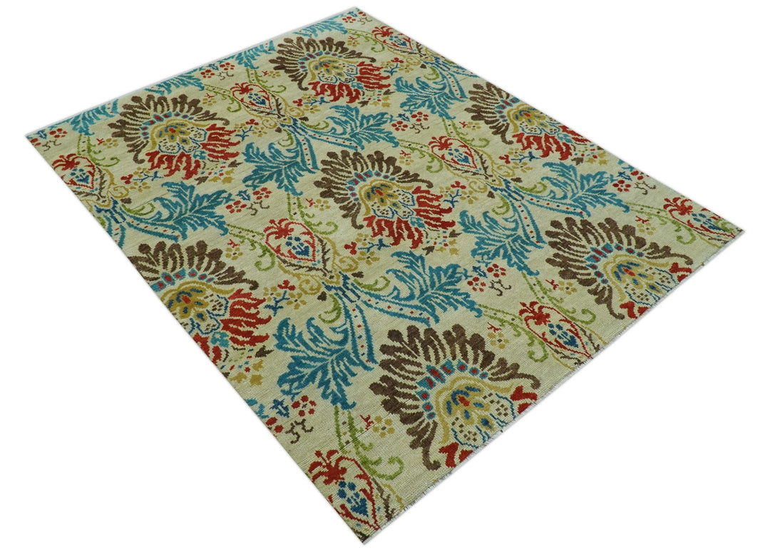 Custom Made Vintage Floral Ikat Design Beige And Blue Hand Knotted Wool Rug - The Rug Decor