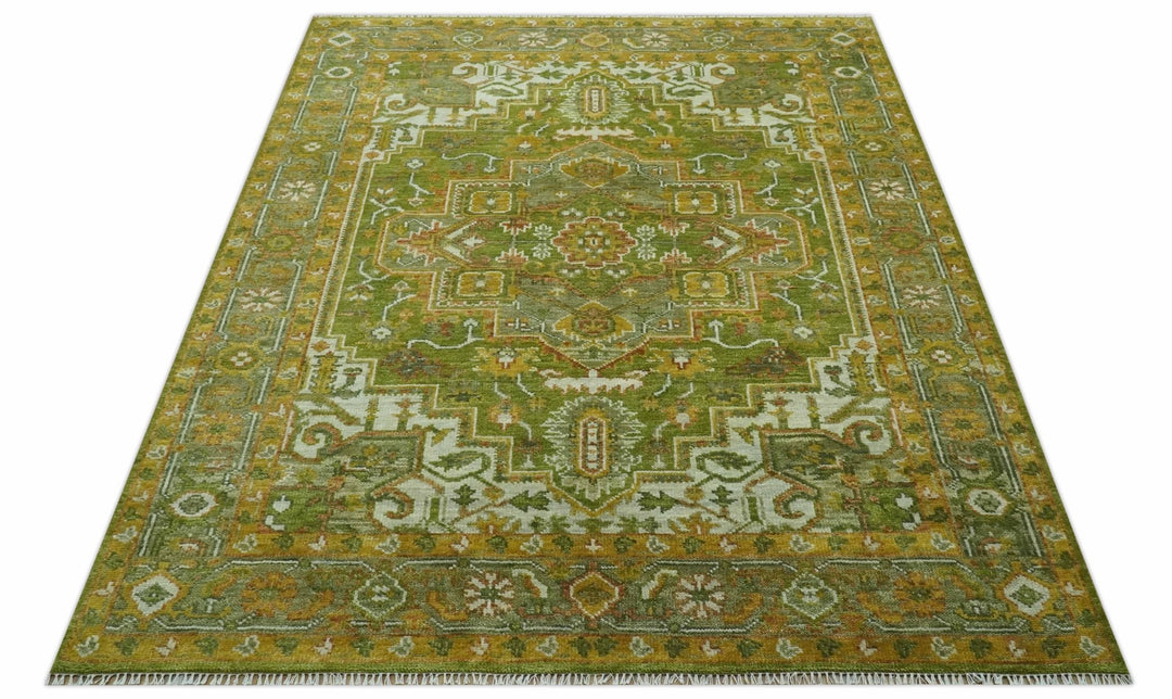 Custom Made Vintage Style Green, Silver and Gold Hand Knotted Traditional Heriz wool area rug - The Rug Decor
