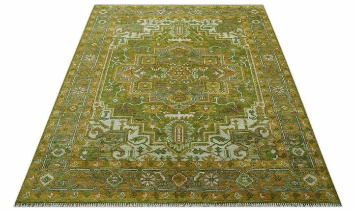 Custom Made Vintage Style Green, Silver and Gold Hand Knotted Traditional Heriz wool area rug - The Rug Decor