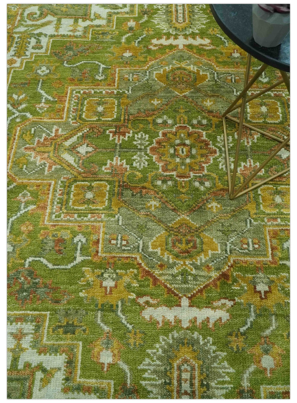 Custom Made Vintage Style Green, Silver and Gold Hand Knotted Traditional Heriz wool area rug - The Rug Decor