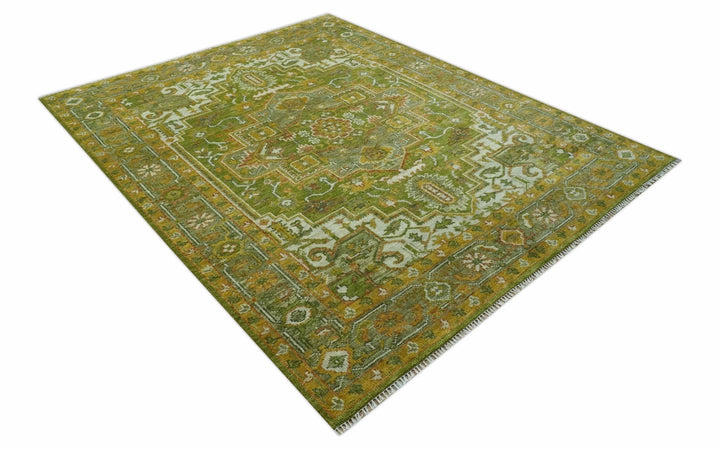Custom Made Vintage Style Green, Silver and Gold Hand Knotted Traditional Heriz wool area rug - The Rug Decor