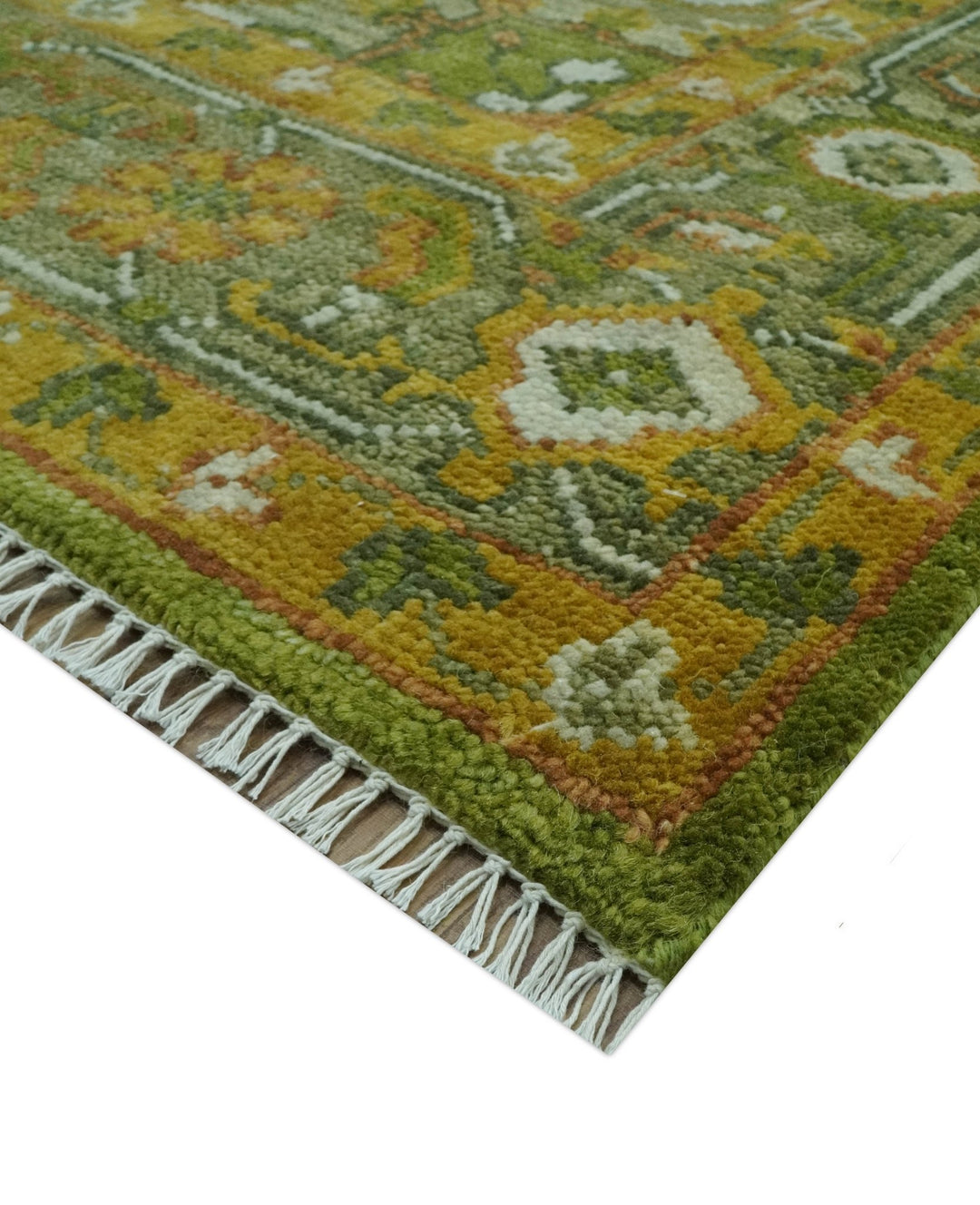 Custom Made Vintage Style Green, Silver and Gold Hand Knotted Traditional Heriz wool area rug - The Rug Decor