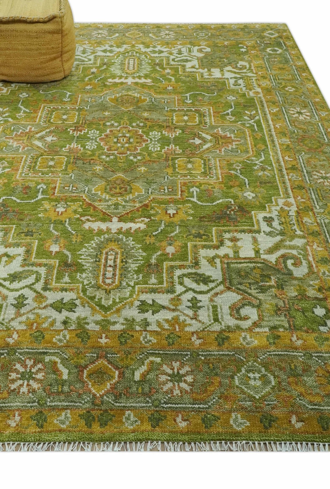 Custom Made Vintage Style Green, Silver and Gold Hand Knotted Traditional Heriz wool area rug - The Rug Decor