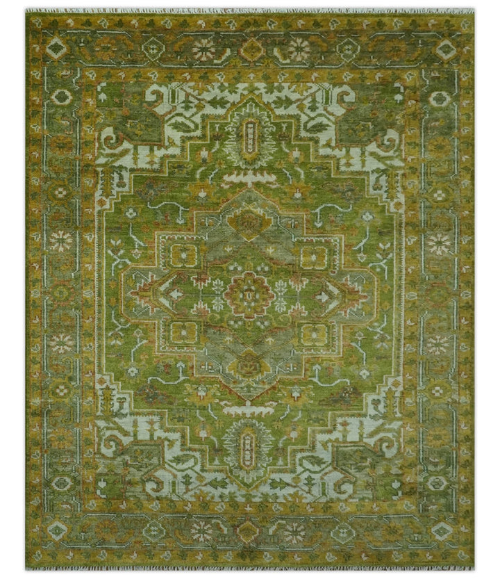 Custom Made Vintage Style Green, Silver and Gold Hand Knotted Traditional Heriz wool area rug - The Rug Decor