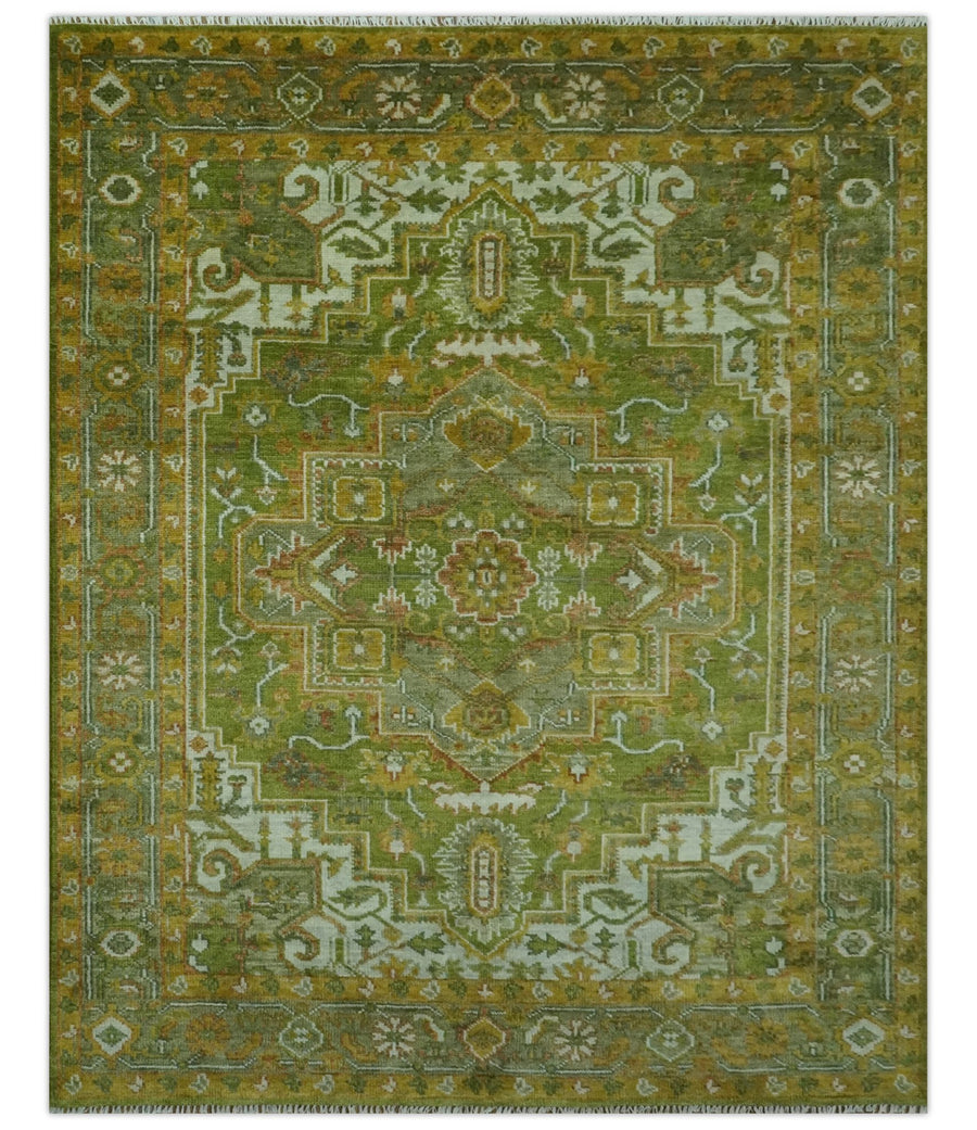 Custom Made Vintage Style Green, Silver and Gold Hand Knotted Traditional Heriz wool area rug - The Rug Decor