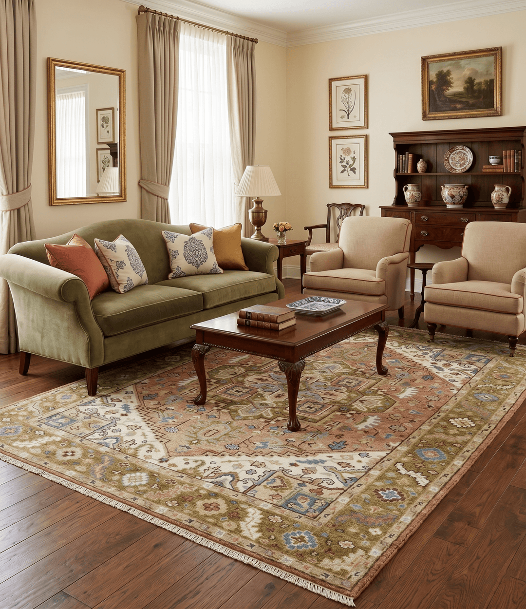 Custom Made Vintage Style Olive, Rust and Ivory Hand knotted Traditional wool Area Rug - The Rug Decor