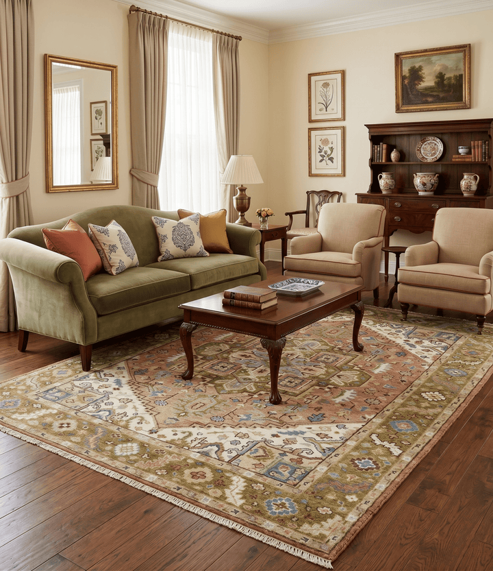 Custom Made Vintage Style Olive, Rust and Ivory Hand knotted Traditional wool Area Rug - The Rug Decor
