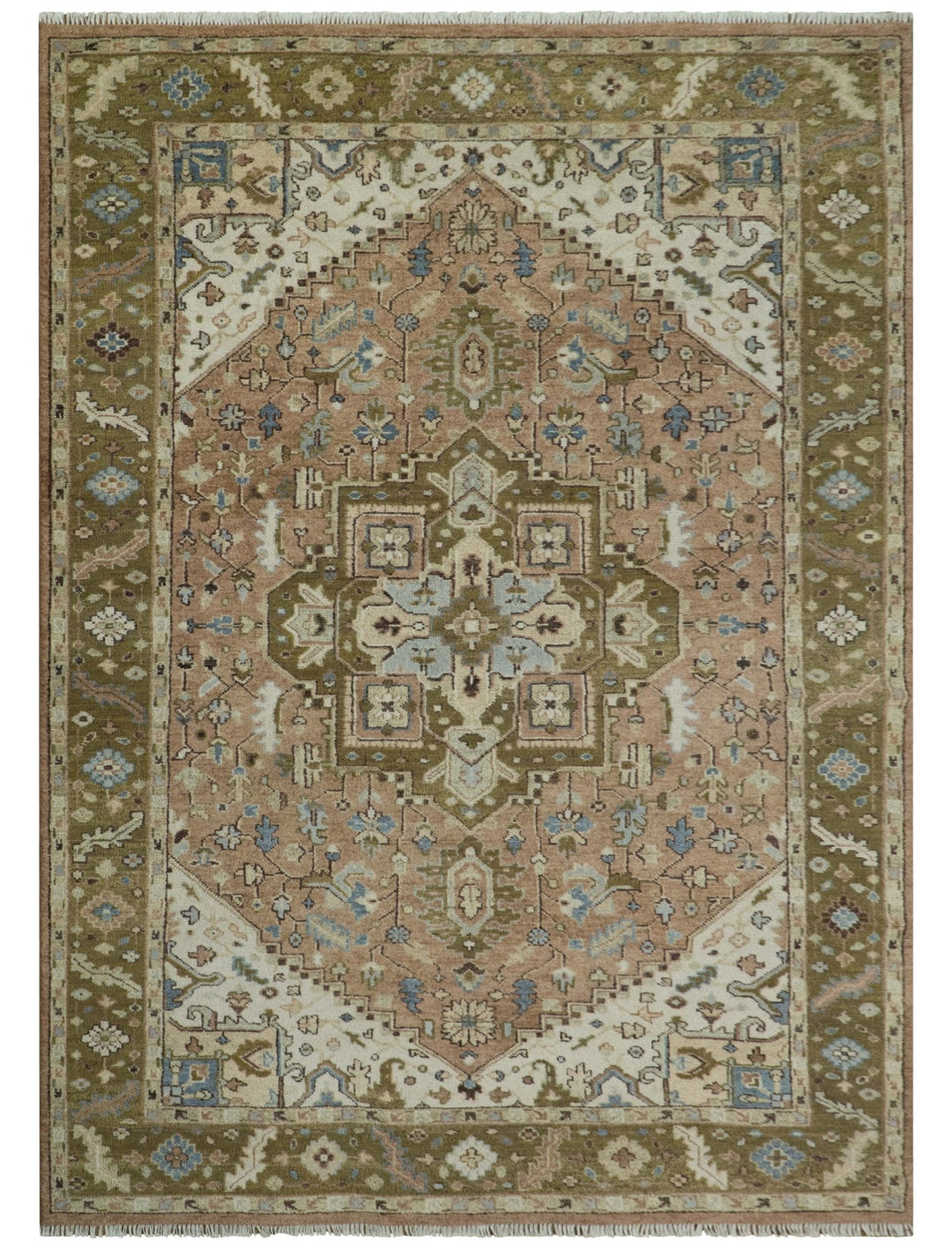 Custom Made Vintage Style Olive, Rust and Ivory Hand knotted Traditional wool Area Rug - The Rug Decor