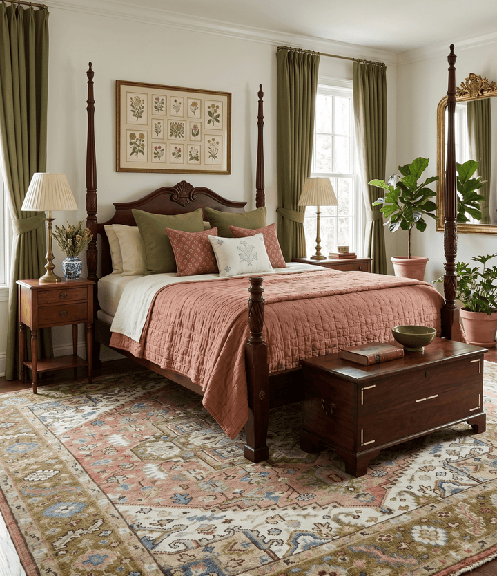 Custom Made Vintage Style Olive, Rust and Ivory Hand knotted Traditional wool Area Rug - The Rug Decor