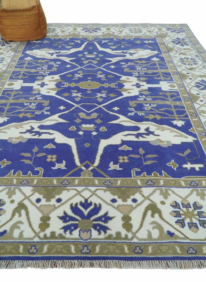 Custom Made Violet, Ivory and Olive Traditional Hand knotted Oriental Oushak wool Area Rug - The Rug Decor