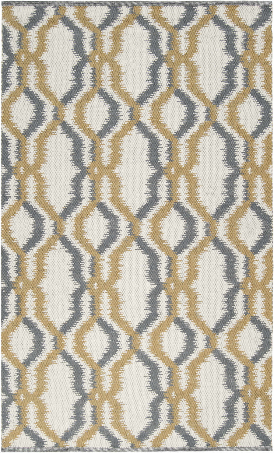 Ivory, gray, and mustard geometric trellis woven wool area rug, rectangular
