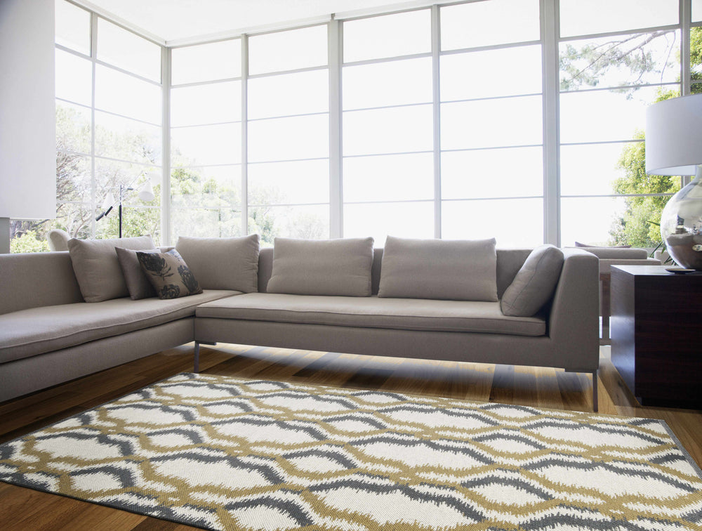 Ivory and gray geometric trellis woven wool area rug, rectangular view