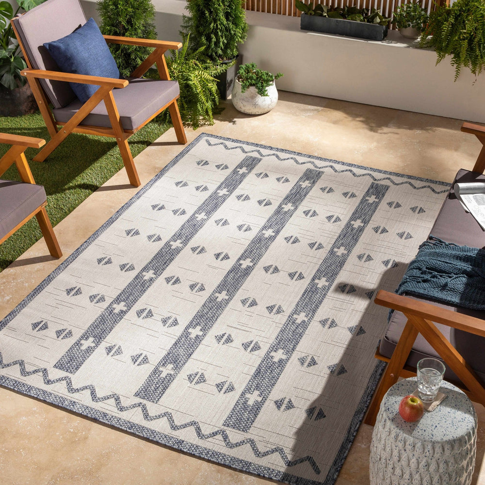 Dapitan Bohemian Global Design Navy And Cream Indoor & Outdoor Rug - The Rug Decor
