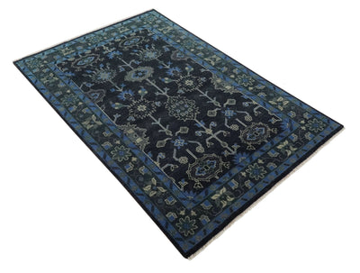 Dark Blue and Beige 5.6x8.6 Hand Knotted Traditional Oushak wool area rug - The Rug Decor