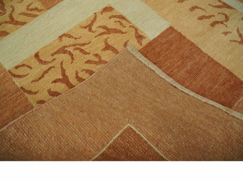 Dark Peach, Rust and Ivory Modern Geometrical Blocks Hand knotted 4x6 wool Area Rug - The Rug Decor