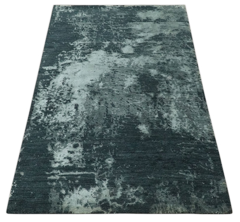 Dark Teal, Gray and Silver Modern Abstract Hand Knotted 5x8 wool Area Rug - The Rug Decor