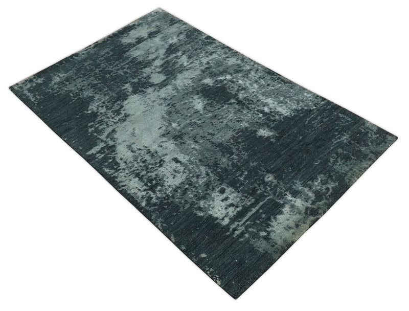 Dark Teal, Gray and Silver Modern Abstract Hand Knotted 5x8 wool Area Rug - The Rug Decor