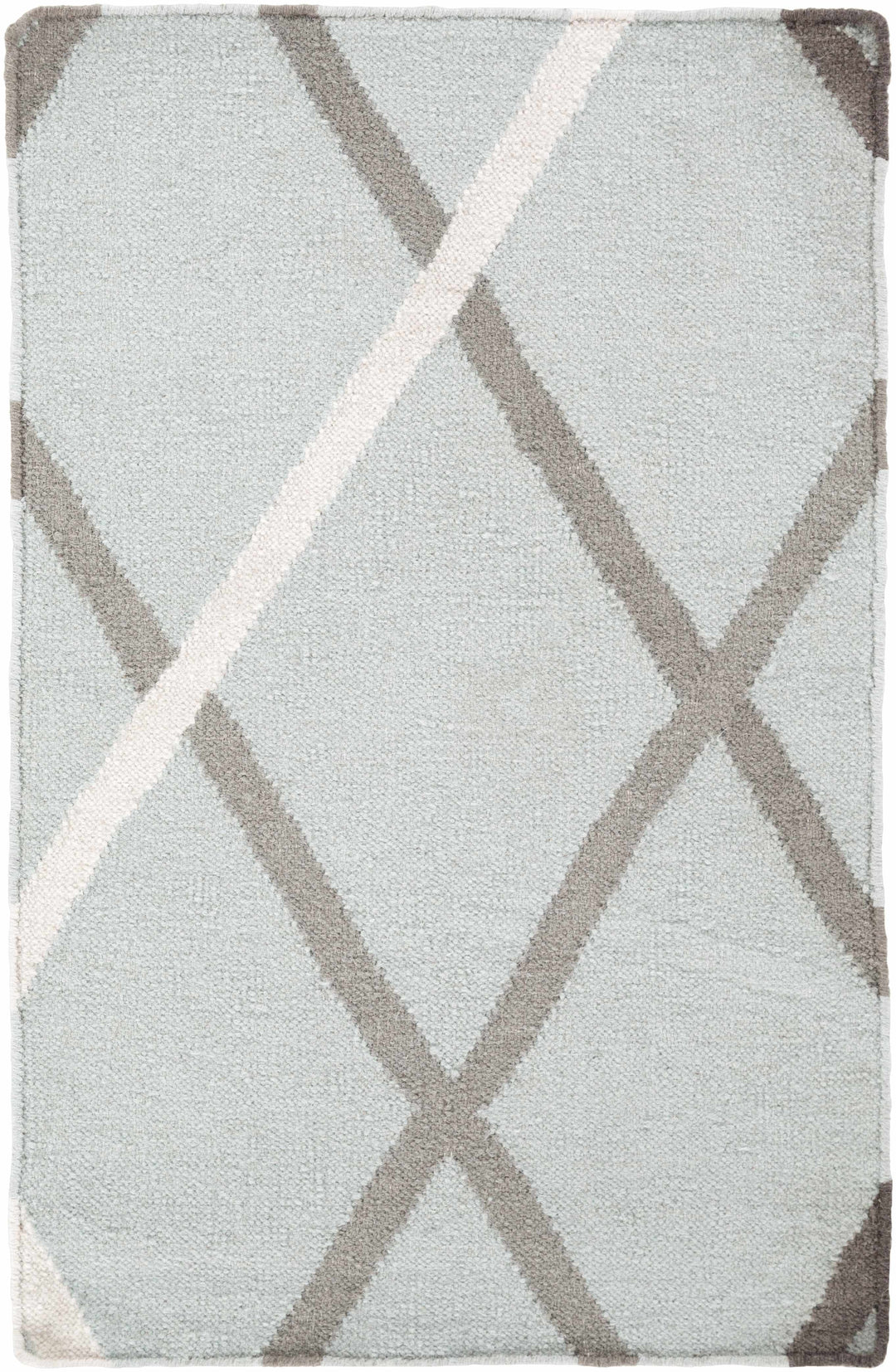Light gray hand-woven wool rug with cream X lattice and taupe border