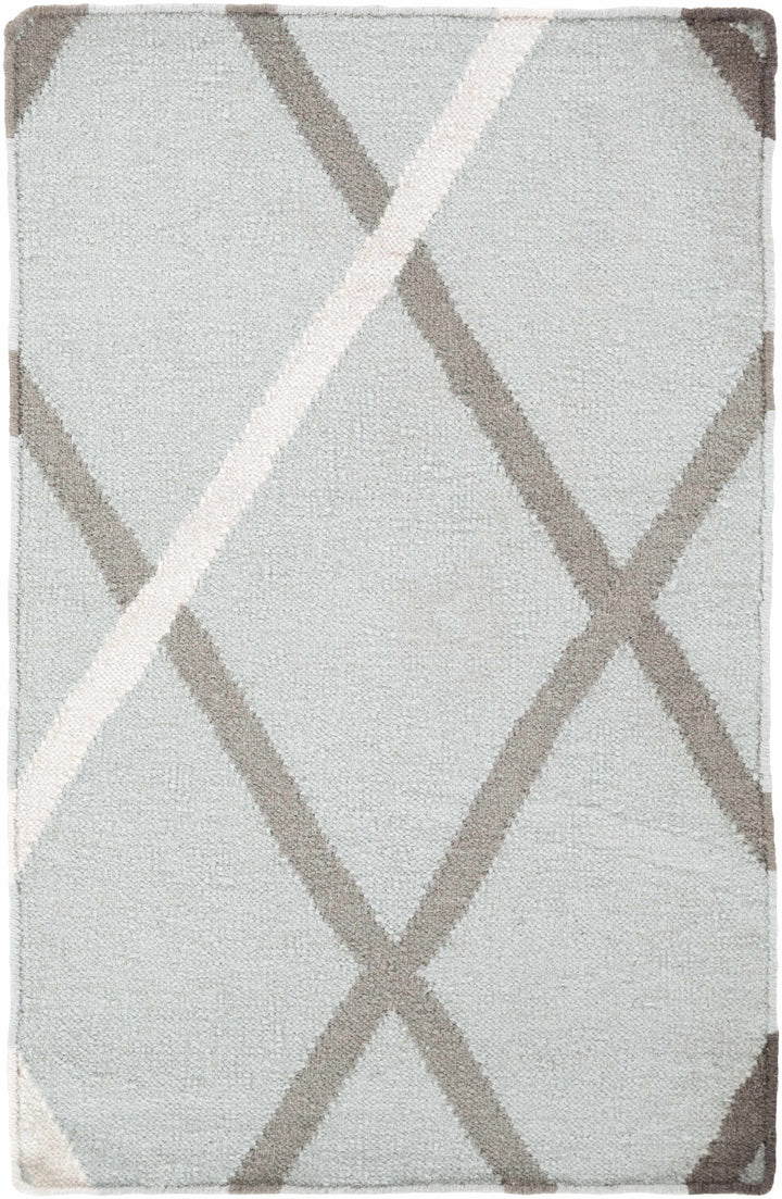 Light gray hand-woven wool rug with cream X lattice and taupe border