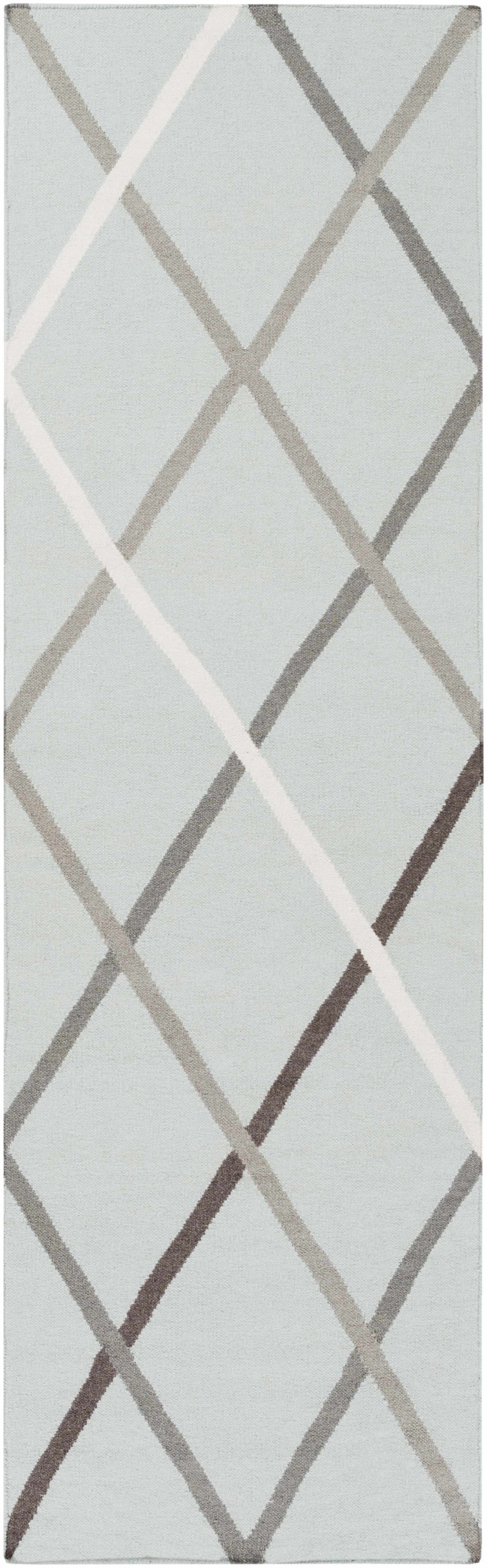 Hand-woven wool area rug in light gray with cream and taupe lattice border