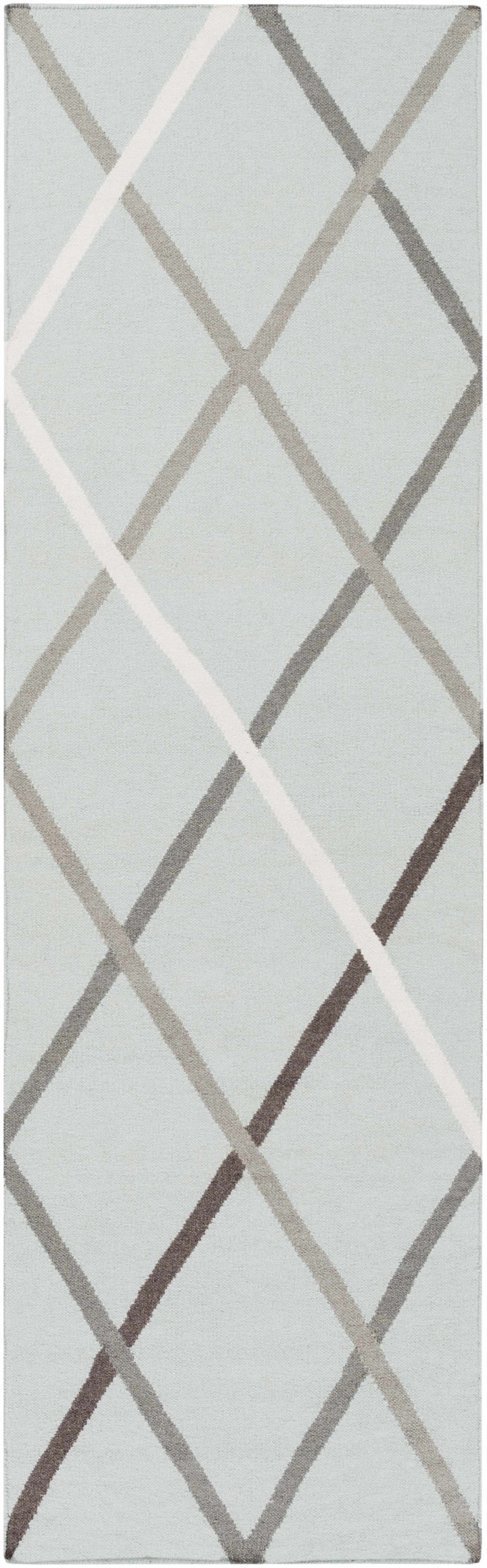 Hand-woven wool area rug in light gray with cream and taupe lattice border