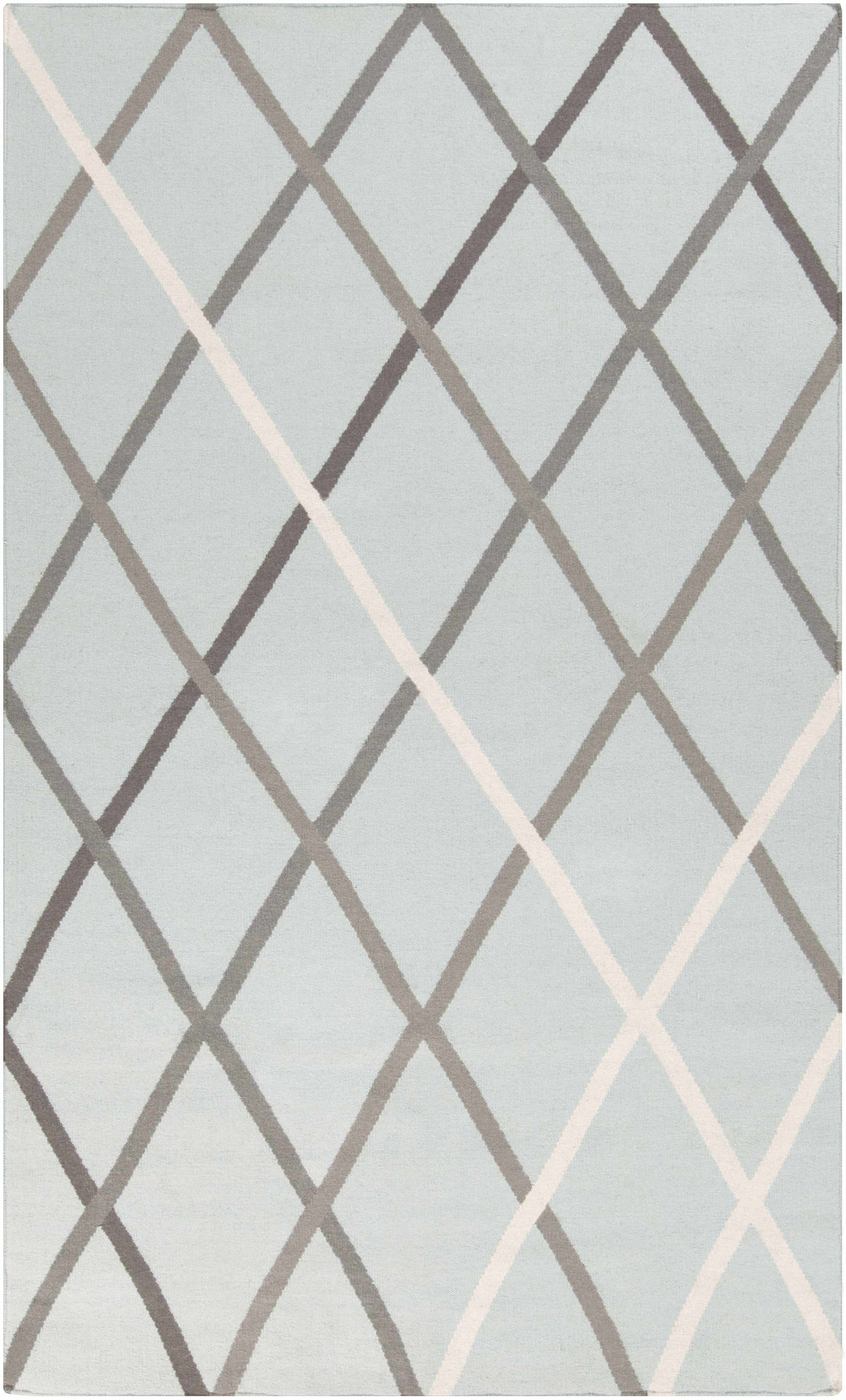 Light gray hand-woven wool area rug with taupe diamond trellis pattern