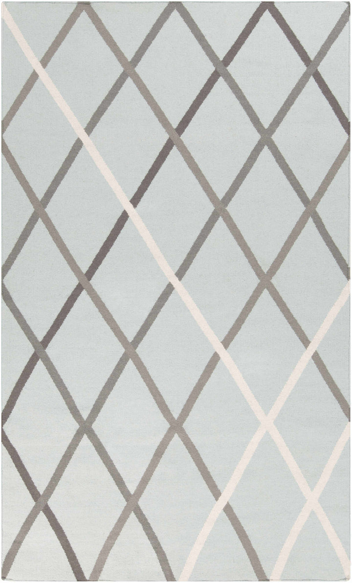 Light gray hand-woven wool area rug with taupe diamond trellis pattern