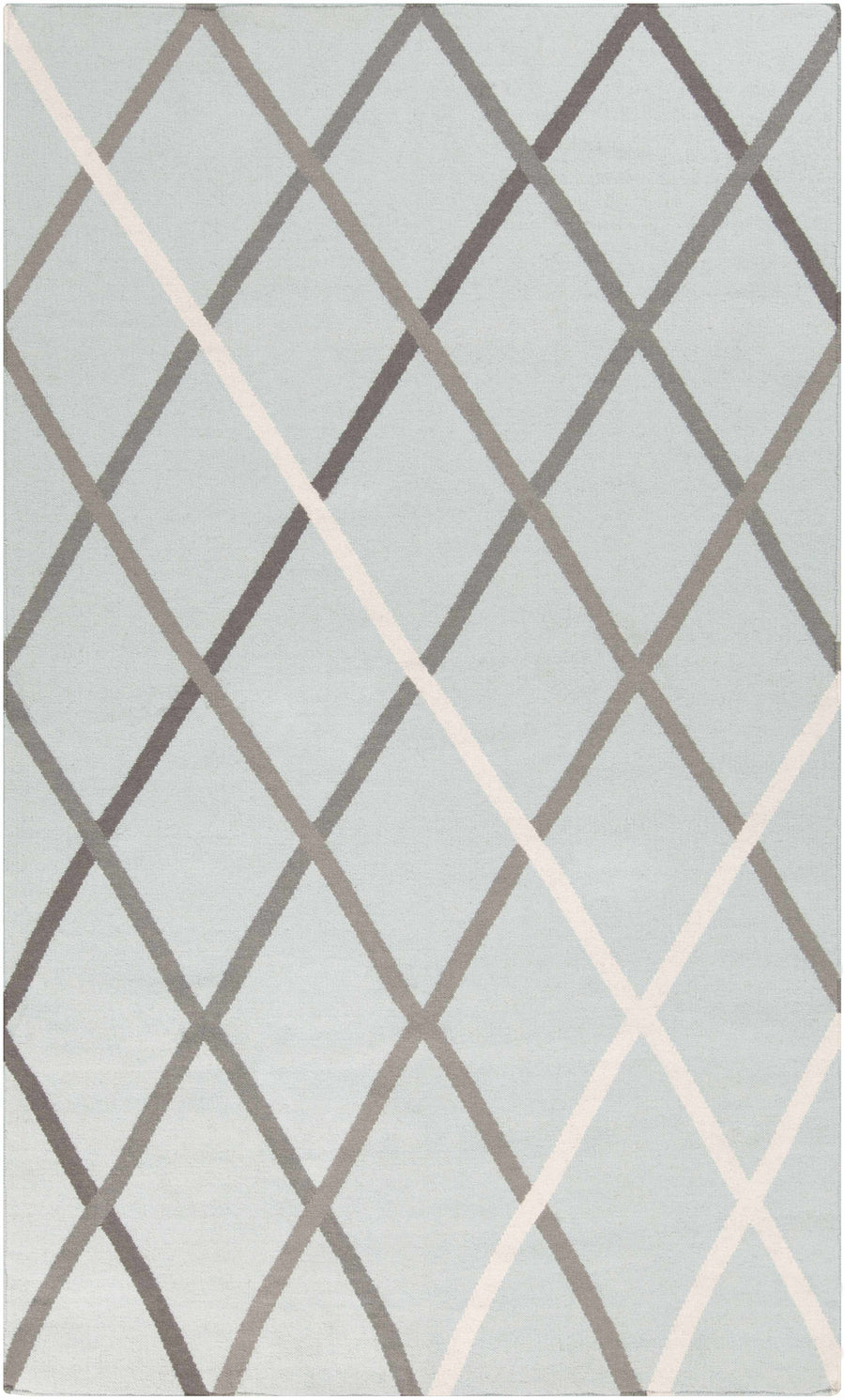 Light gray hand-woven wool area rug with taupe diamond trellis pattern