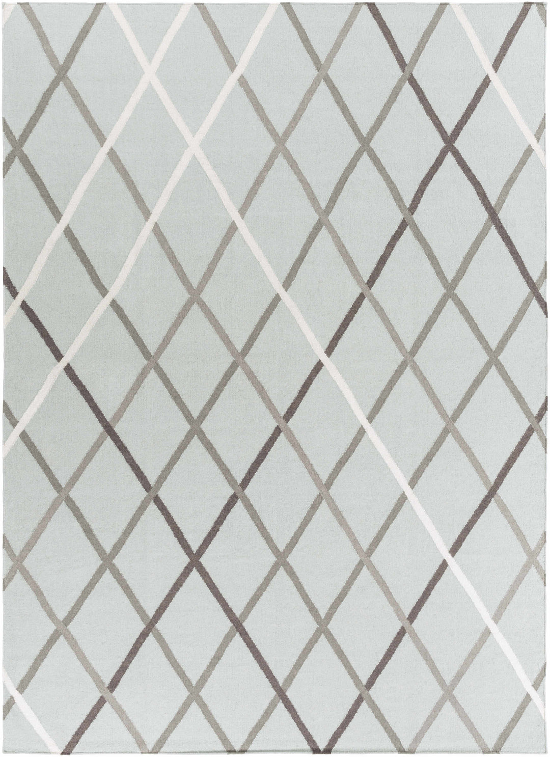 Hand-woven wool area rug with repeating diamond lattice in light gray and taupe