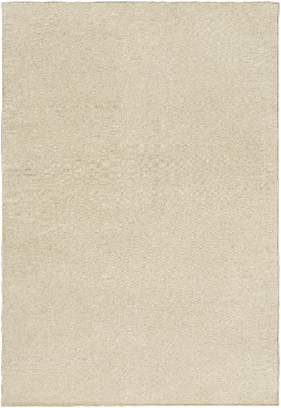 Beige solid area rug with flat, even borders and subtle woven texture.