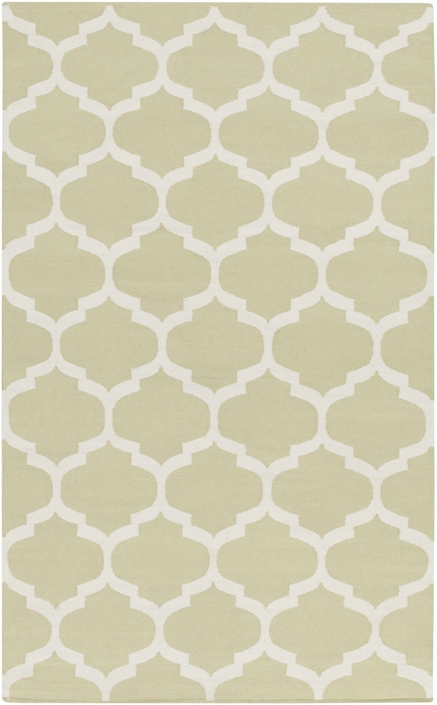 Green hand-woven area rug with white quatrefoil trellis pattern, flat rectangle