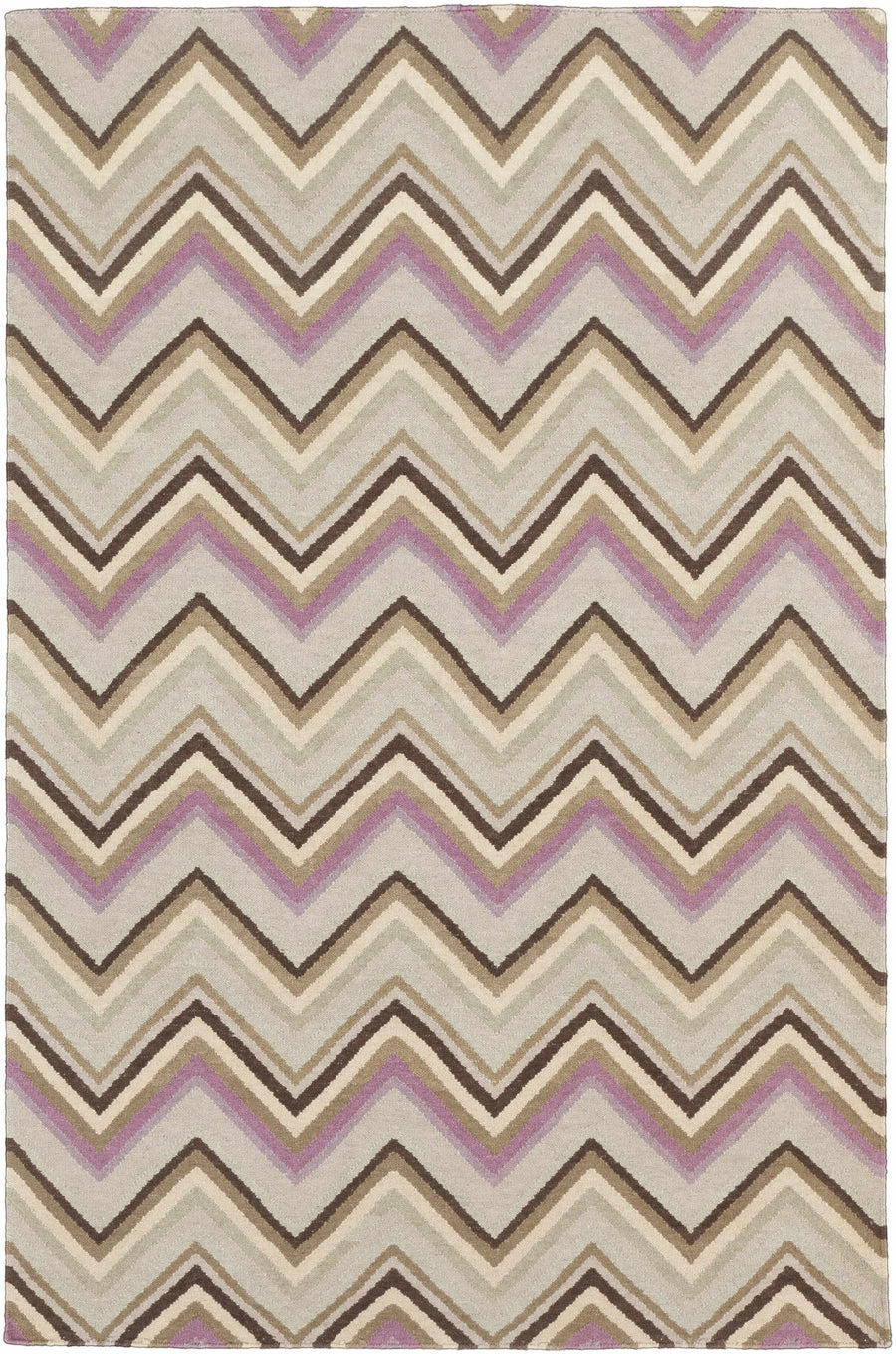 Beige hand-woven area rug with multicolor chevron zigzag pattern