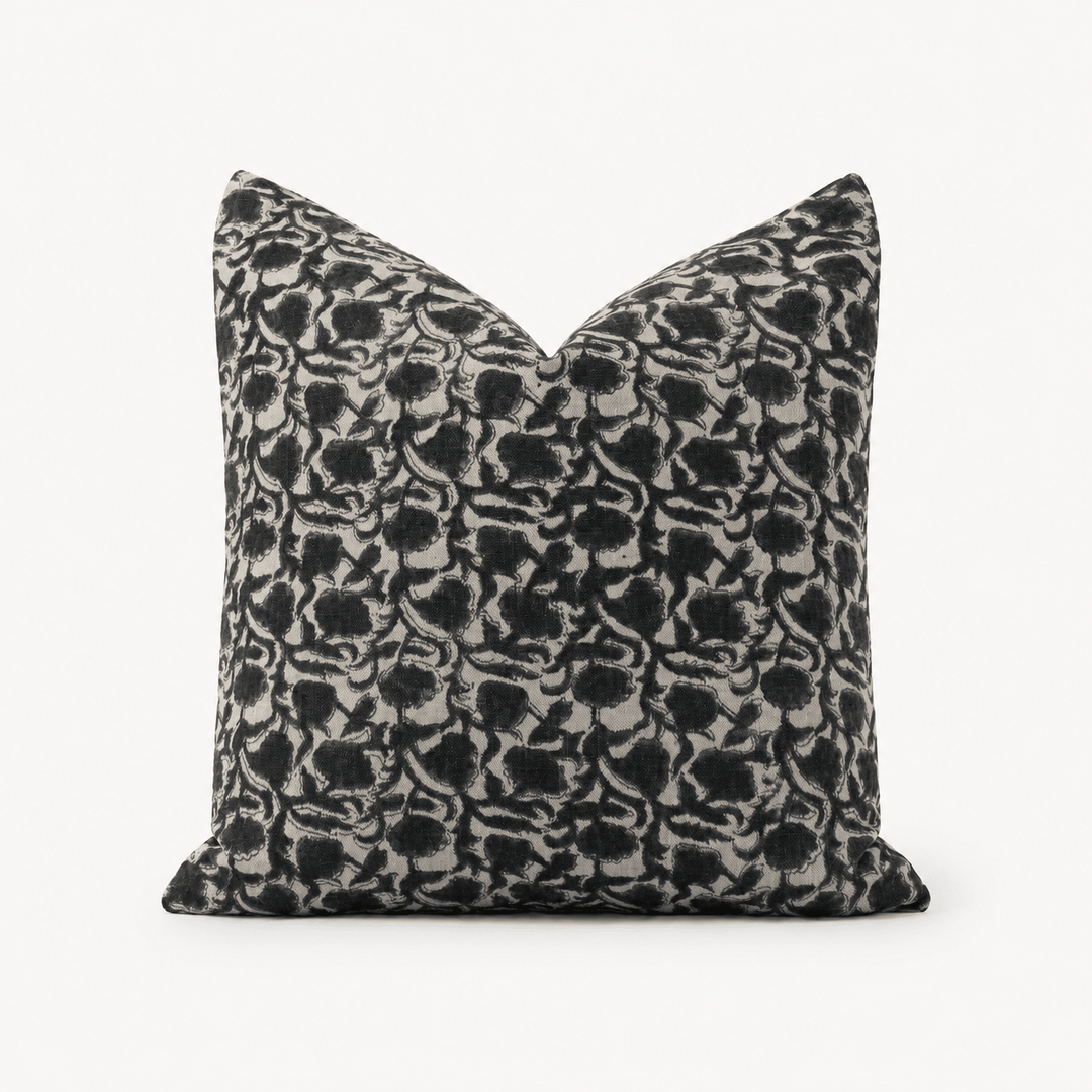 Della Hand Block Print Pillow Cover | Deep Black Linen - The Rug Decor