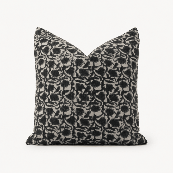 Della Hand Block Print Pillow Cover | Deep Black Linen - The Rug Decor