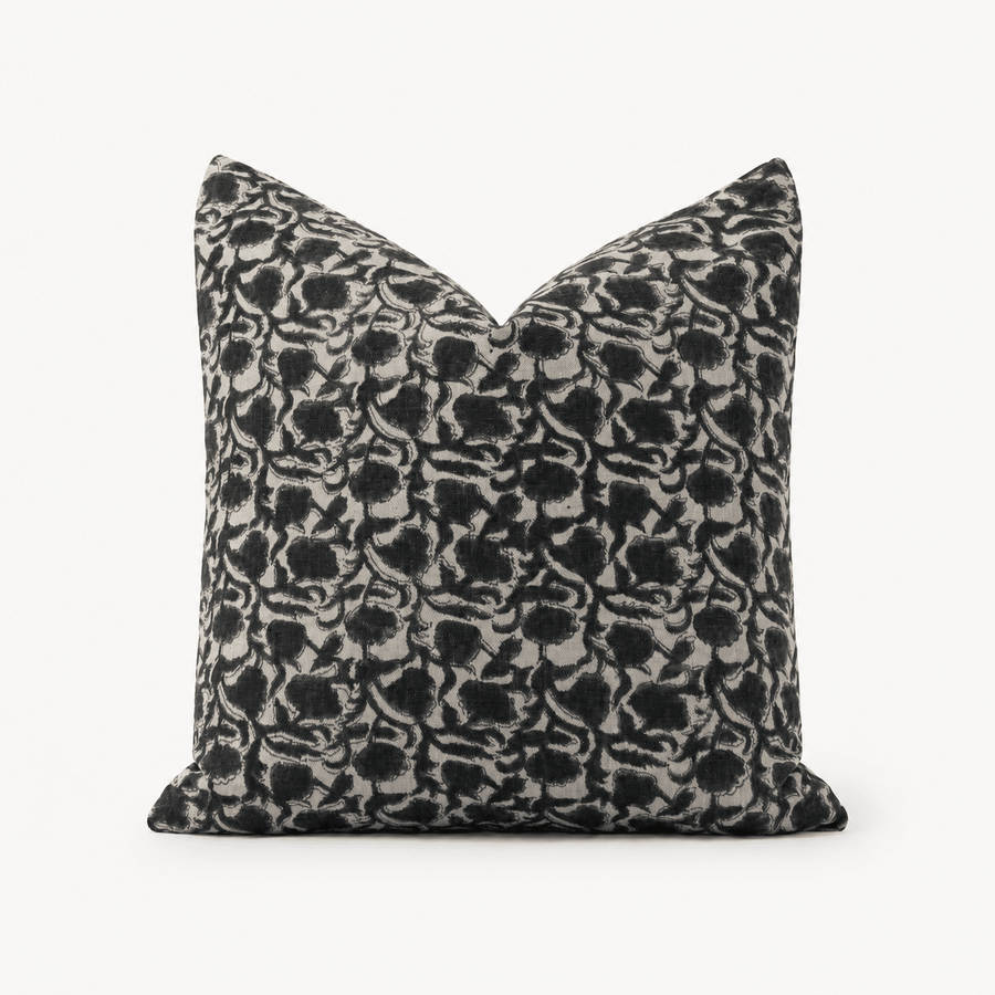 Della Hand Block Print Pillow Cover | Deep Black Linen - The Rug Decor