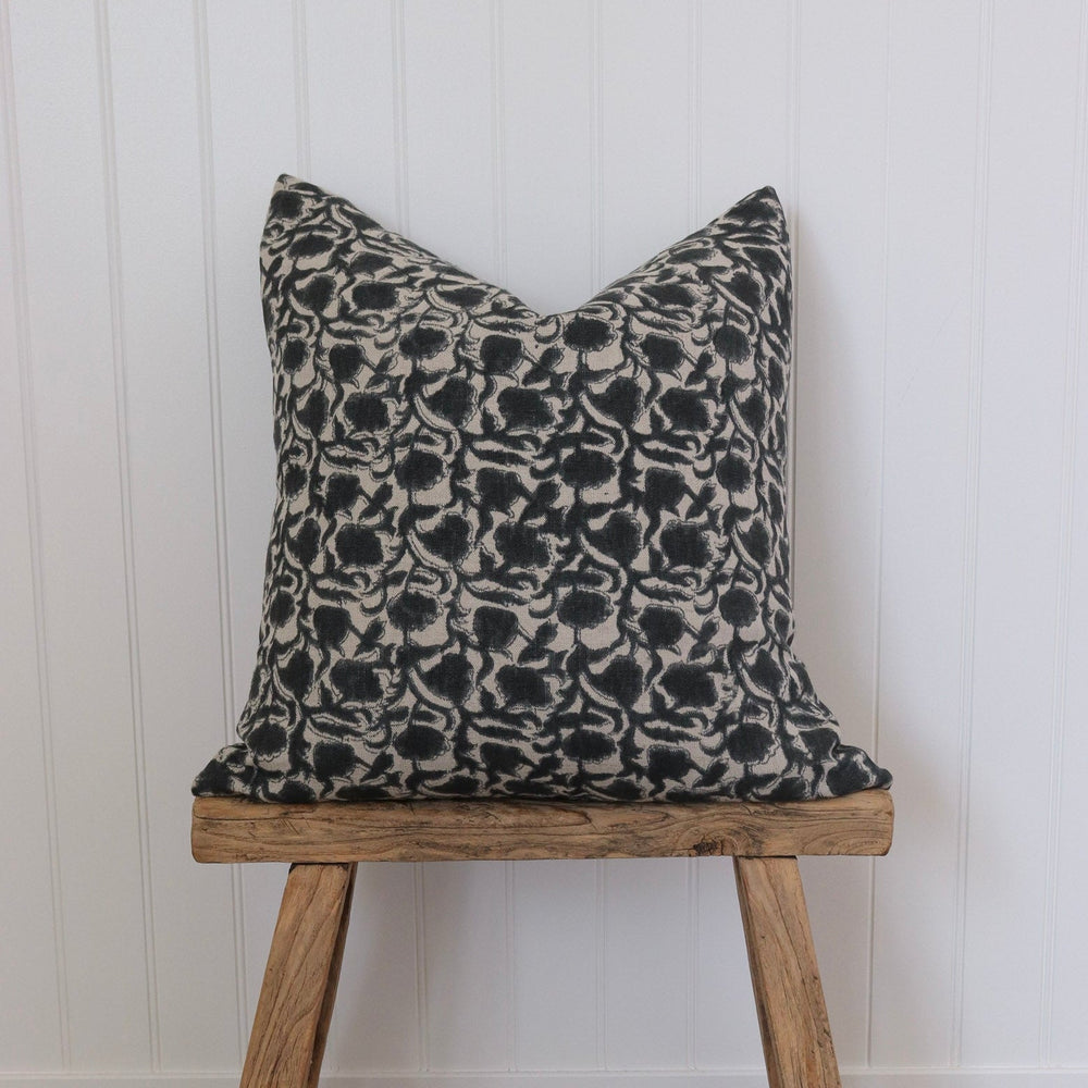 Della Hand Block Print Pillow Cover | Deep Black Linen - The Rug Decor